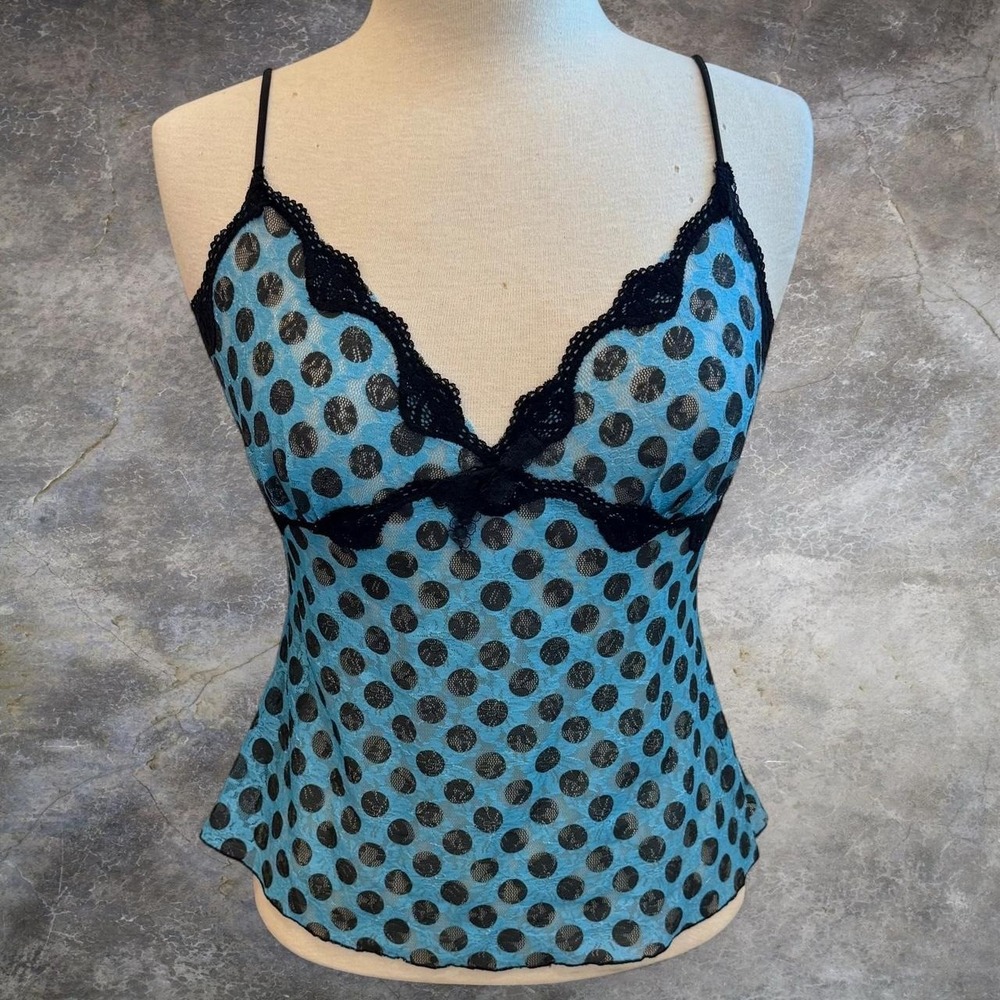 Polka Dot Lace Mesh Camisole Blue Top Women's Size Large Coquette Love Y2K